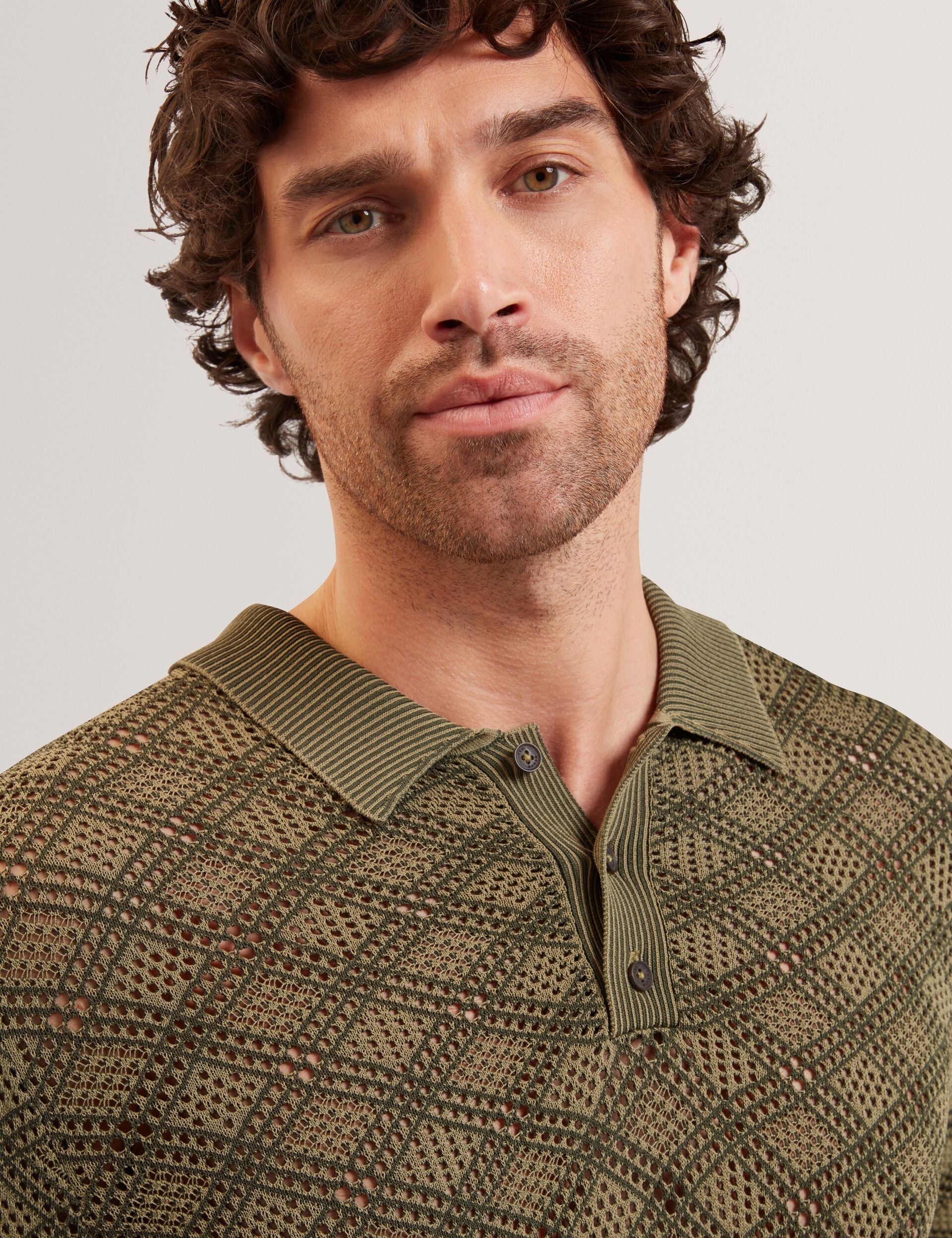 Ted Baker Helme Geometric Open Knit Short Sleeve Polo
