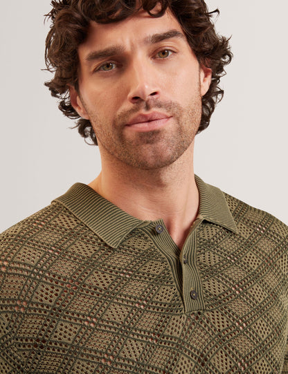 Ted Baker Helme Geometric Open Knit Short Sleeve Polo