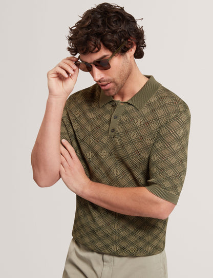 Ted Baker Helme Geometric Open Knit Short Sleeve Polo