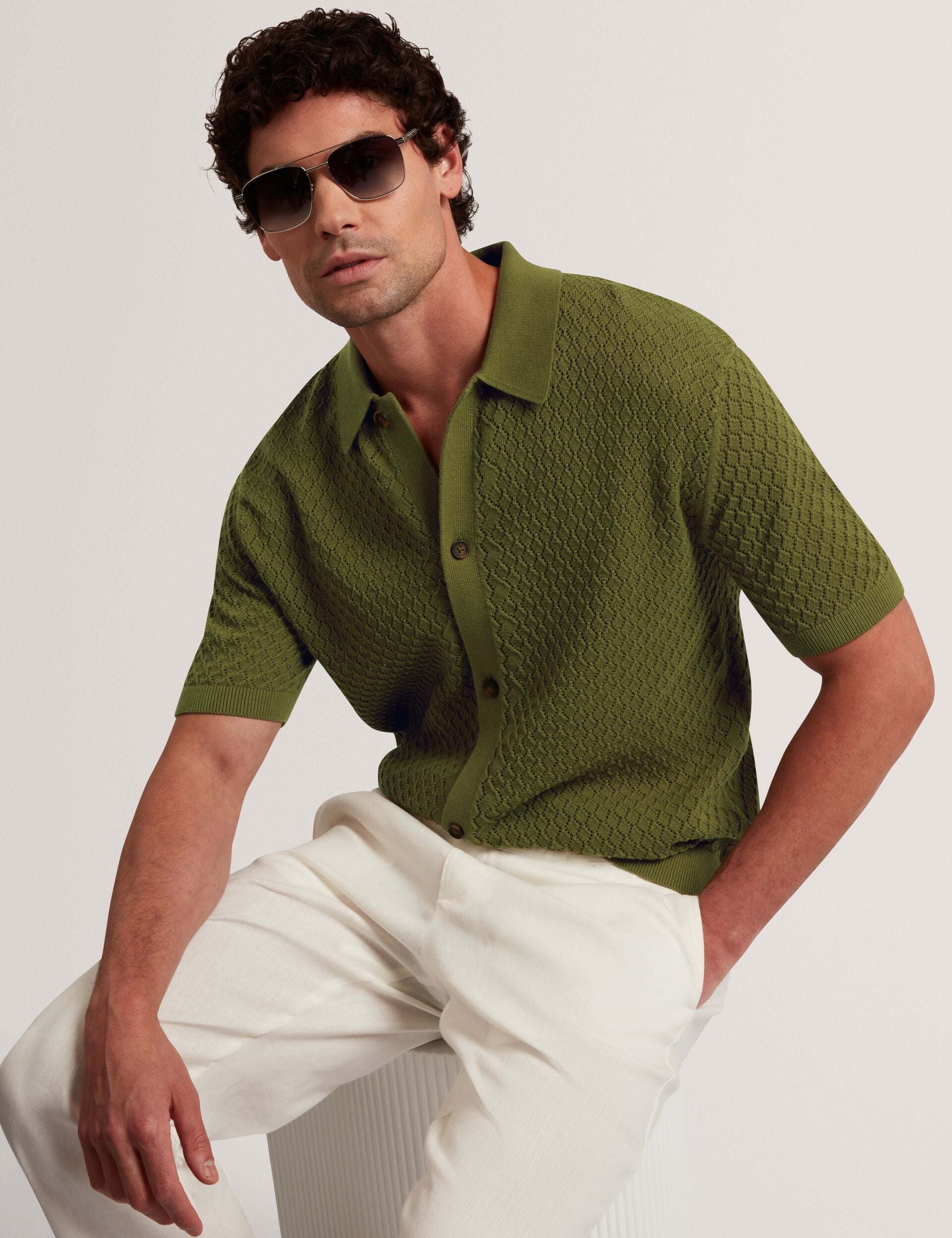 Ted Baker Domati Diamond Crochet Knit Short Sleeve Shirt