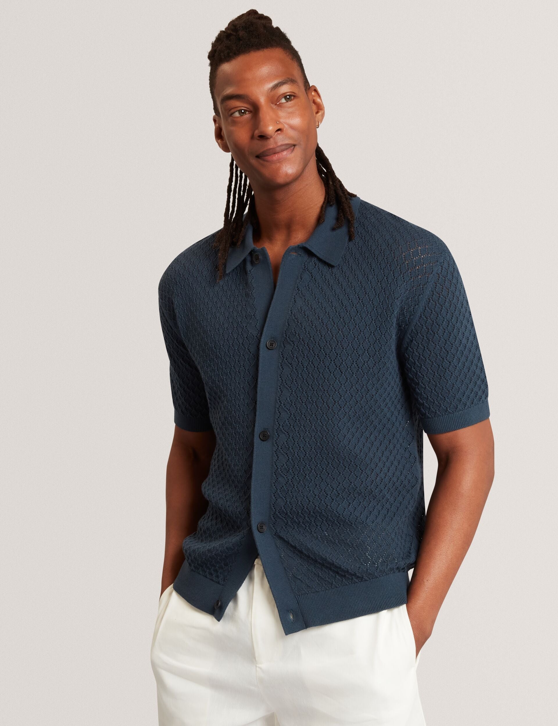 Ted Baker Domati Diamond Crochet Knit Short Sleeve Shirt
