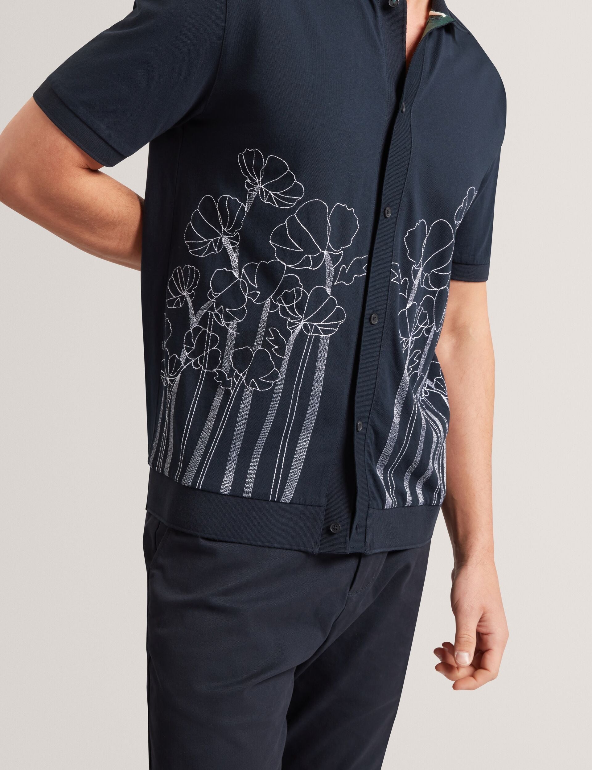Ted Baker Actton Embroidered Floral Pure Cotton Knit Shirt