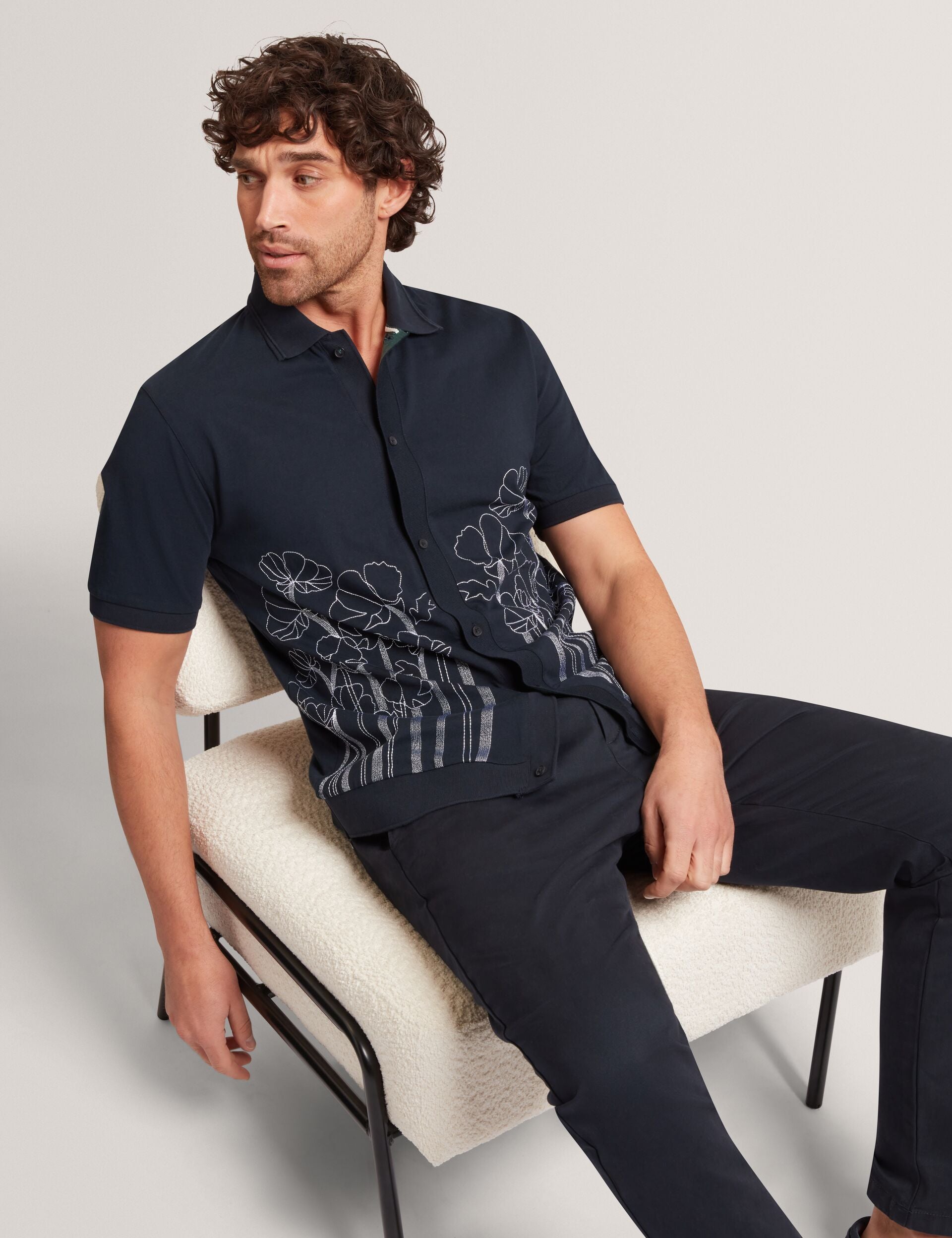 Ted Baker Actton Embroidered Floral Pure Cotton Knit Shirt