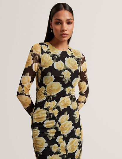 Ted Baker Elvyn Rose Print Mesh Long Sleeve Bodycon Midi Dress Women's