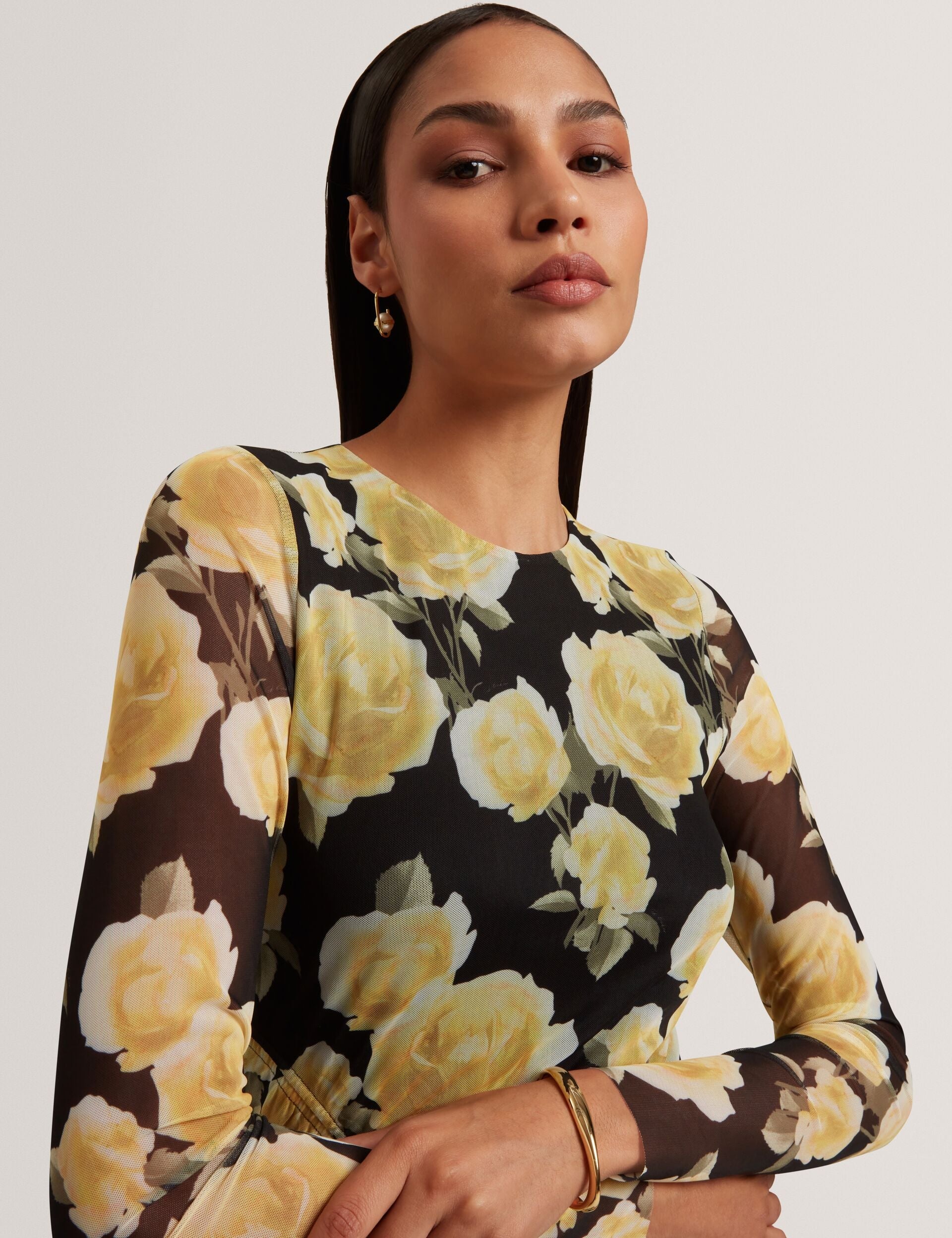Ted Baker Elvyn Rose Print Mesh Long Sleeve Bodycon Midi Dress Women's