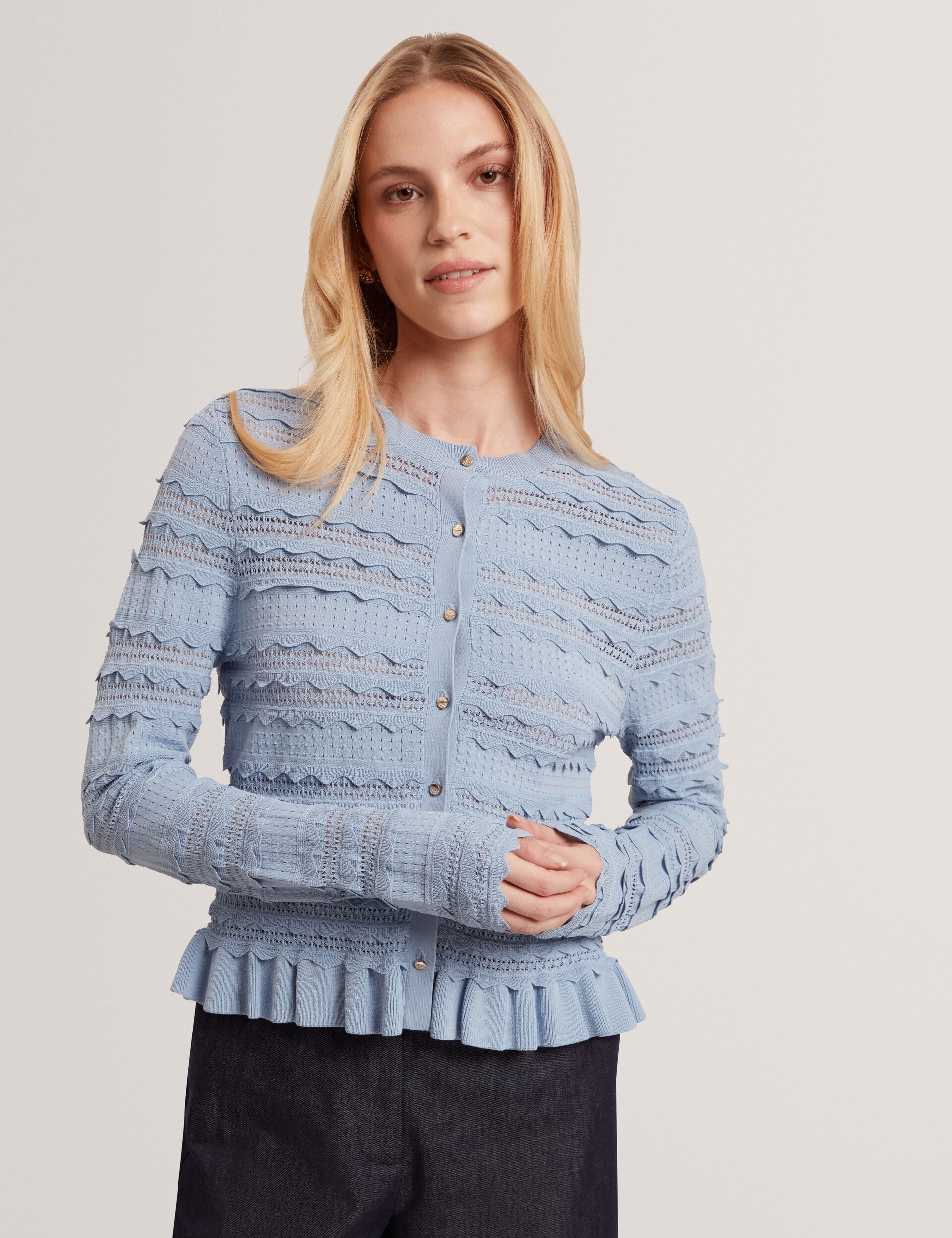 Ted Baker Avria Frilled Hem Knitted Crew Neck Cardigan Women's