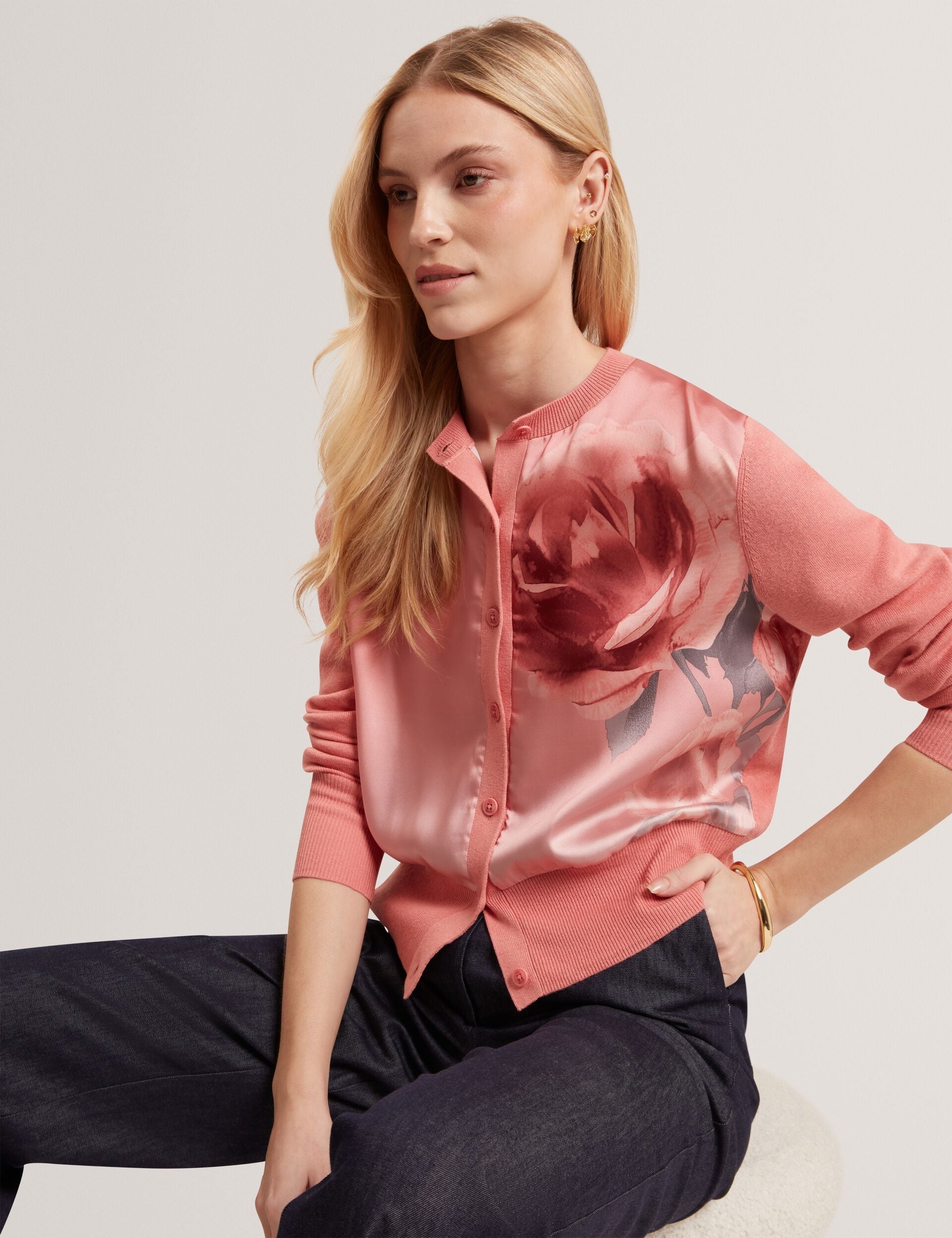 Ted Baker Ilyna Rose Print Woven Front Cardigan Women's