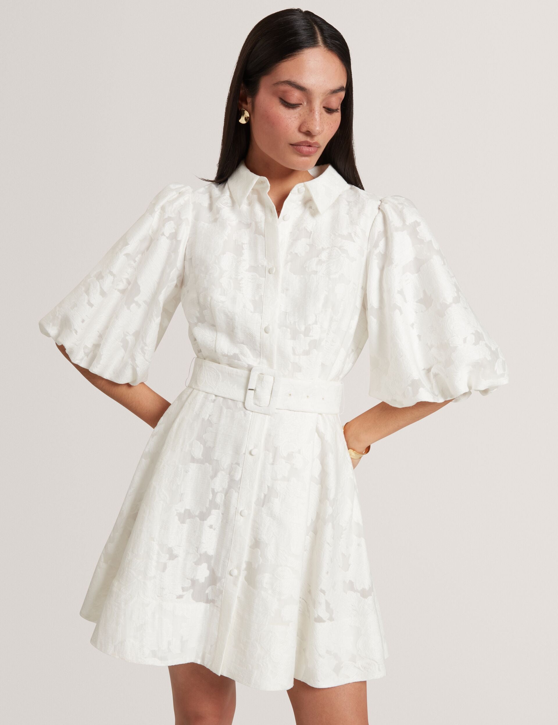 Ted Baker Antya Burnout Floral Puff Sleeve Mini Shirt Dress Women's