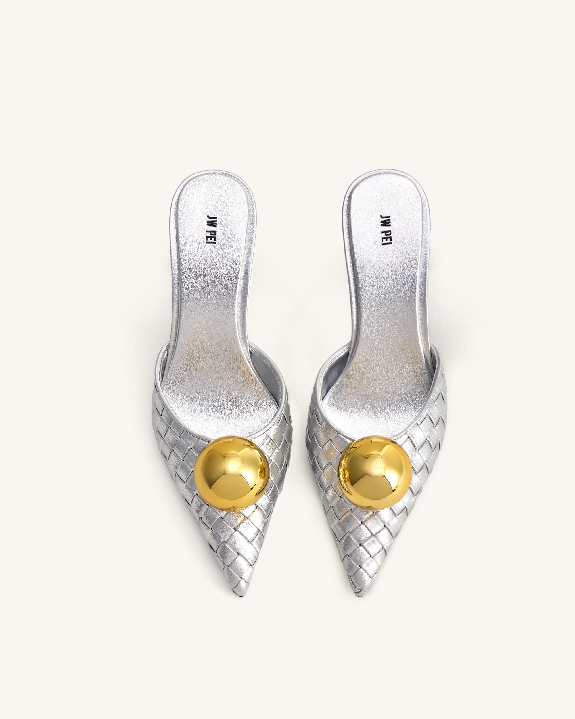 Jw Pei Sofia Woven Sphere Heel Mules Silver & Gold