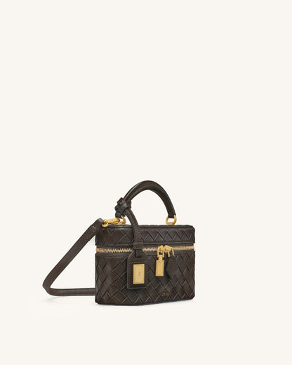 Jw Pei Cleo Woven Texture Box Shape Top Handle Bag Dark Brown