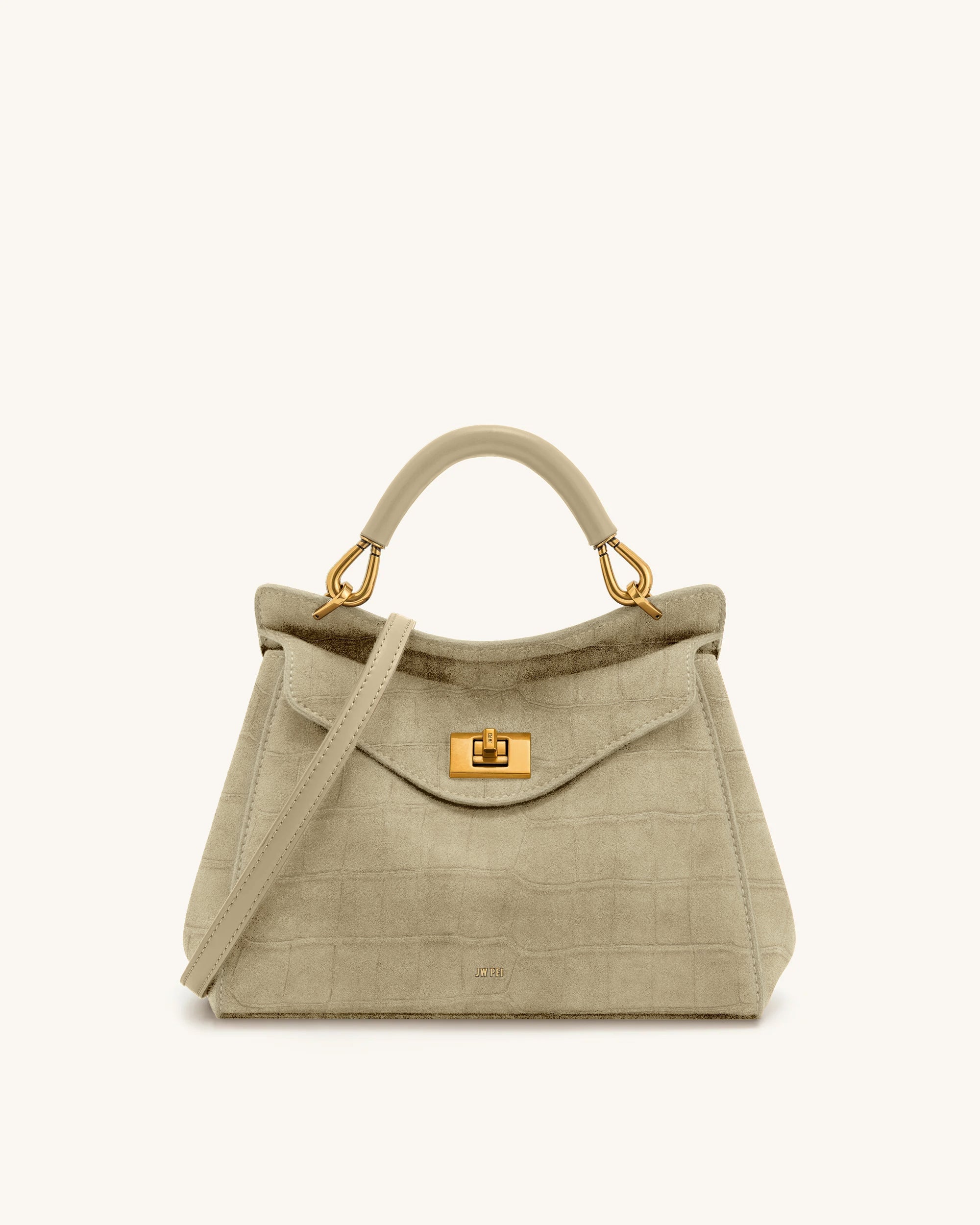 Jw Pei Lucia Classic Croc Embossed Faux Suede Top Handle Bag Light Beige