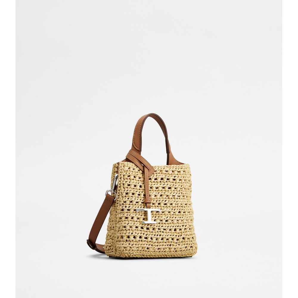 Tods Micro Bag In Raffia And Leather Beige Brown