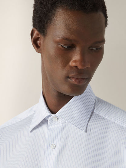 Zegna Light Avio Blue And White Striped 300 Cotton Shirt