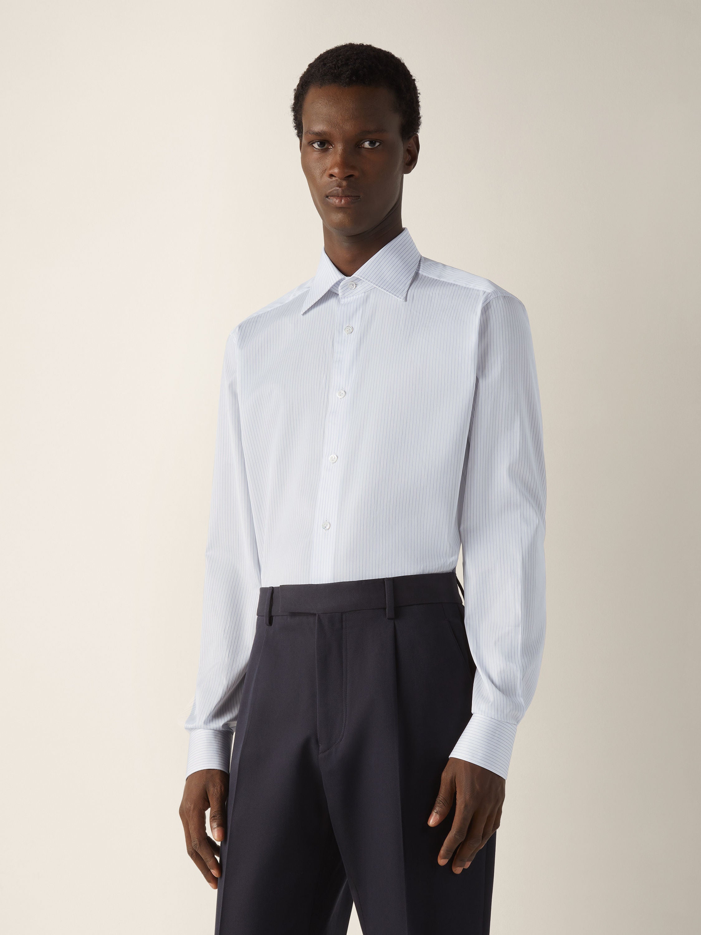 Zegna Light Avio Blue And White Striped 300 Cotton Shirt