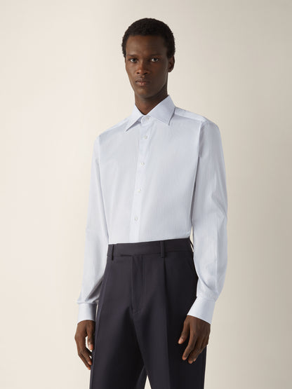 Zegna Light Avio Blue And White Striped 300 Cotton Shirt