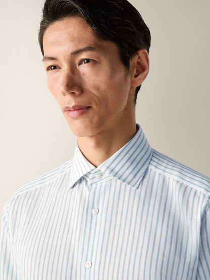 Zegna Teal Blue And White Striped Cotton Linen And Silk Shirt