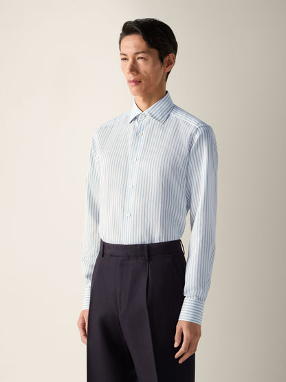 Zegna Teal Blue And White Striped Cotton Linen And Silk Shirt