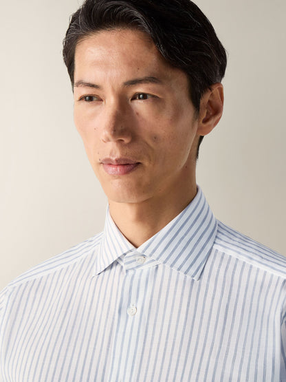 Zegna Dark Indigo Blue And White Striped Cotton Linen And Silk Shirt