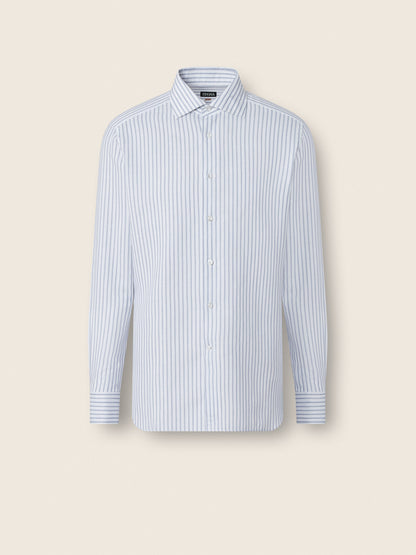 Zegna Dark Indigo Blue And White Striped Cotton Linen And Silk Shirt