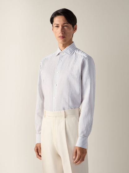 Zegna Dark Brown And White Striped Cotton Linen And Silk Shirt