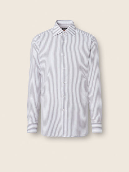 Zegna Dark Brown And White Striped Cotton Linen And Silk Shirt