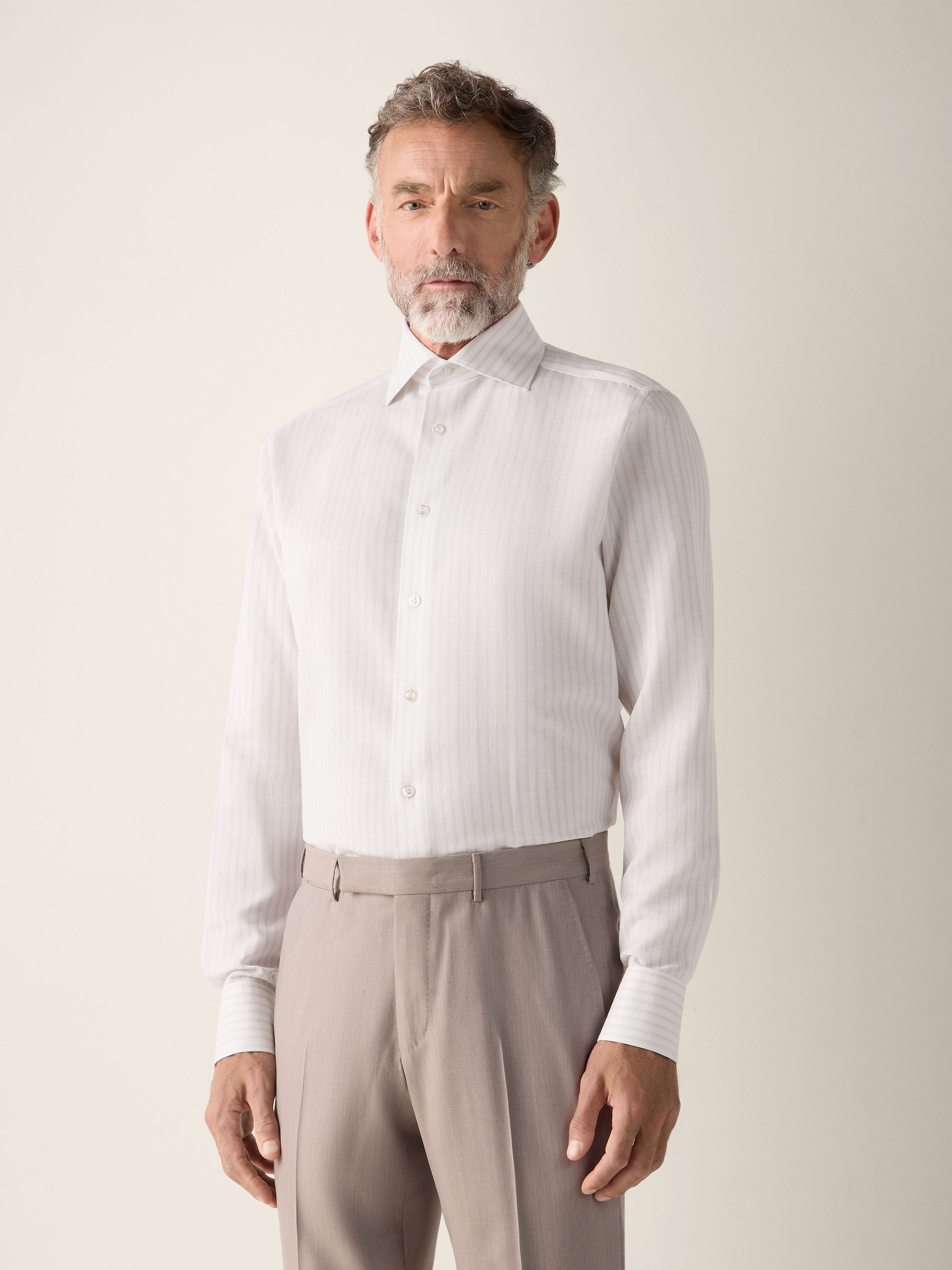 Zegna Light Taupe And White Striped Cotton Linen And Silk Shirt