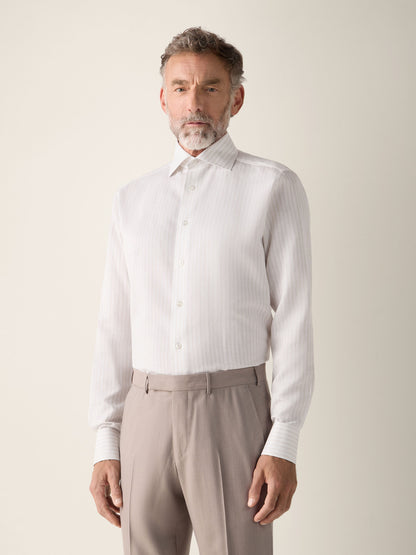 Zegna Light Taupe And White Striped Cotton Linen And Silk Shirt