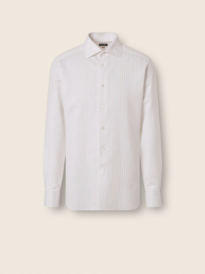Zegna Light Taupe And White Striped Cotton Linen And Silk Shirt