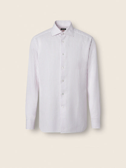 Zegna Dark Pink And White Striped Cotton Linen And Silk Shirt