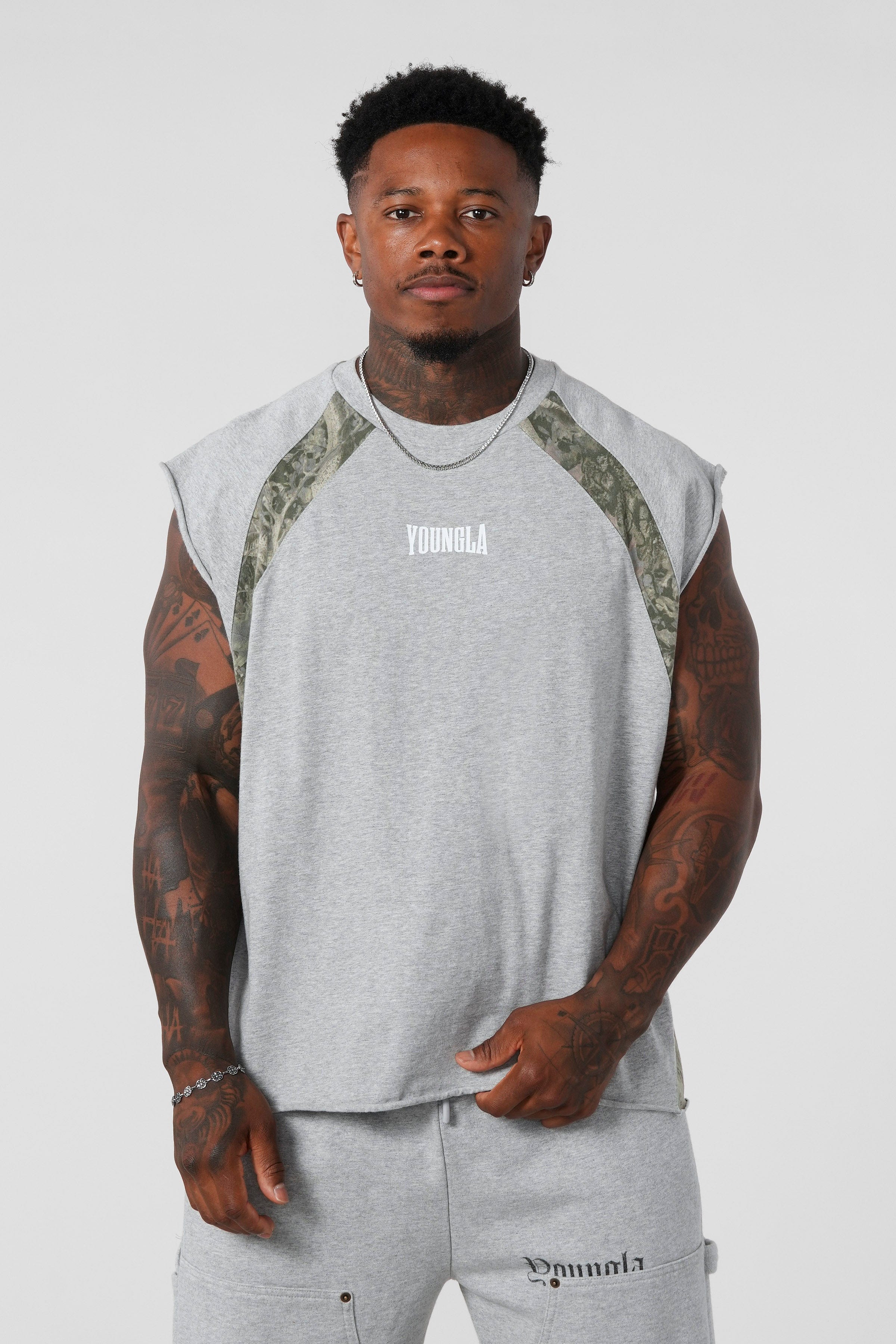 YoungLA 3064 - Stellar Cut-Offs Heather Grey/Green Tree Camo