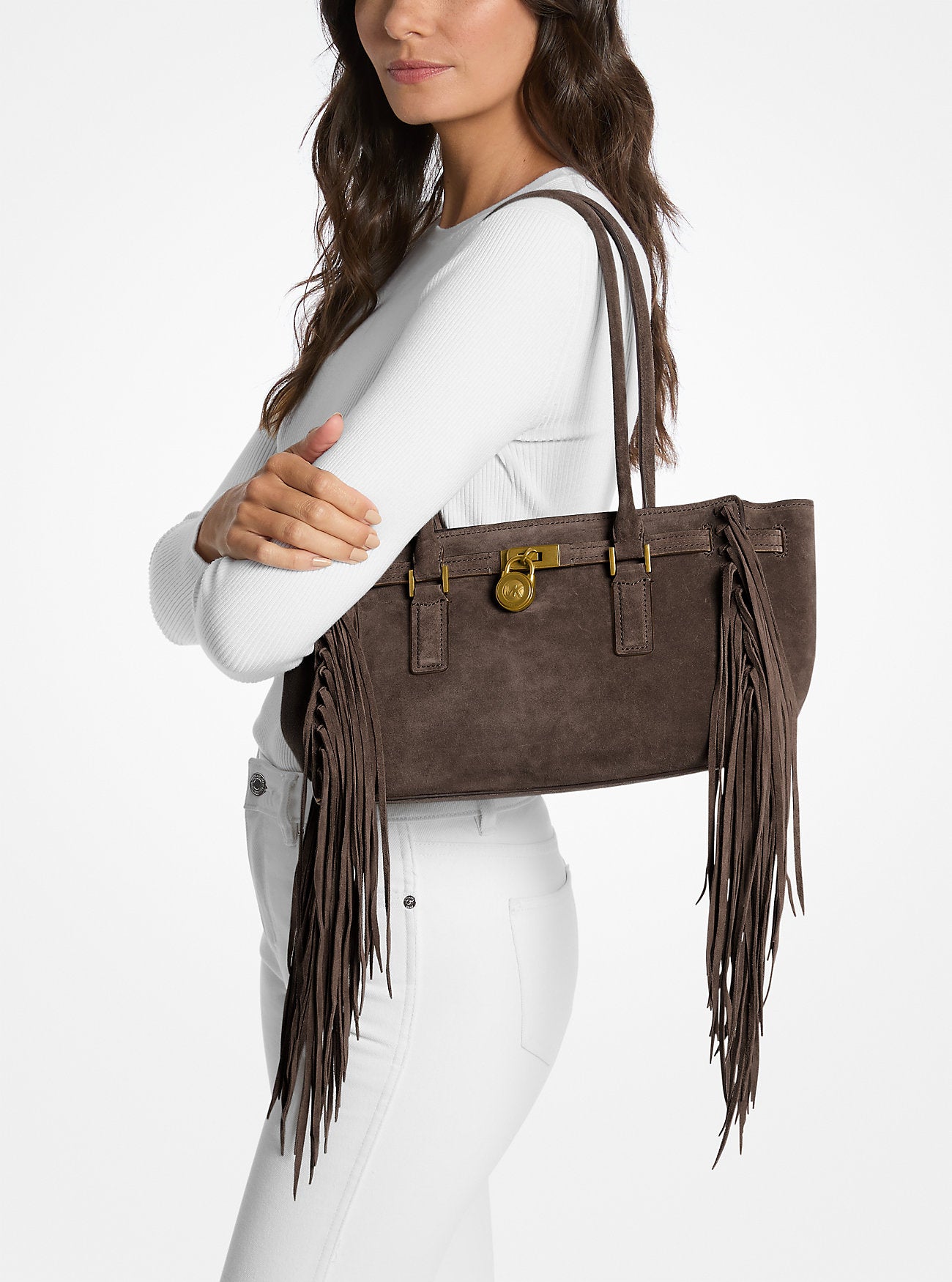 Hamilton Moderne Small Fringed Suede Satchel Chocolate Chocolate