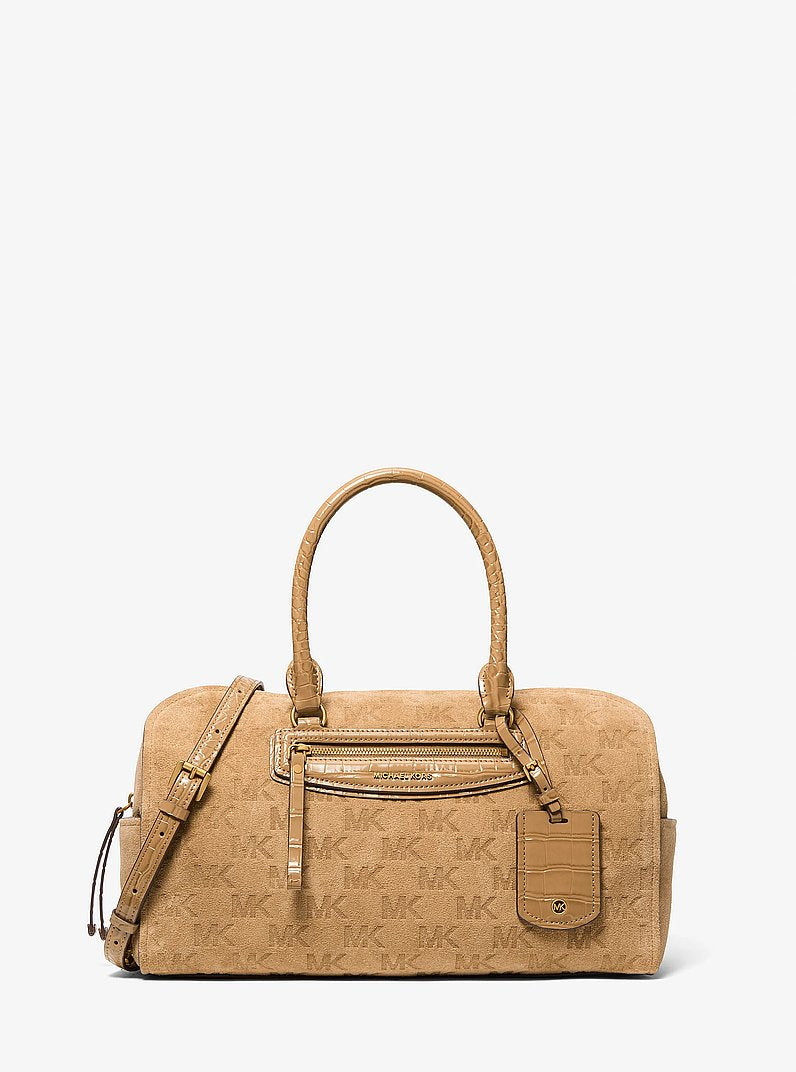 Michael Kors Jet Set Travel Medium Logo Embossed Suede Duffel Crossbody Bag BURNT KHAKI