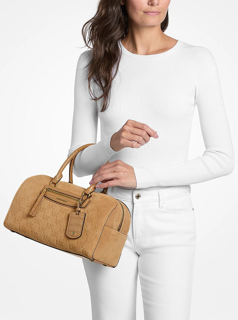 Michael Kors Jet Set Travel Medium Logo Embossed Suede Duffel Crossbody Bag BURNT KHAKI