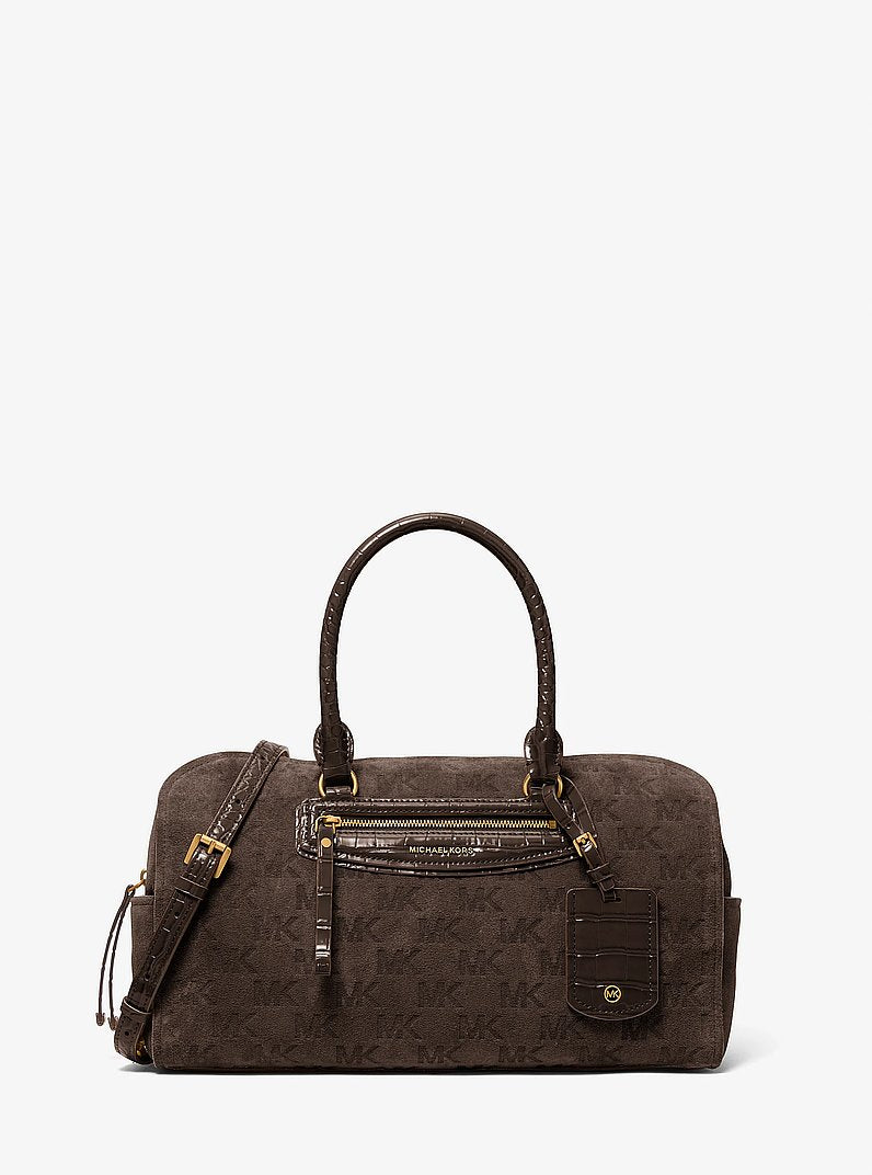 Michael Kors Jet Set Travel Medium Logo Embossed Suede Duffel Crossbody Bag CHOCOLATE