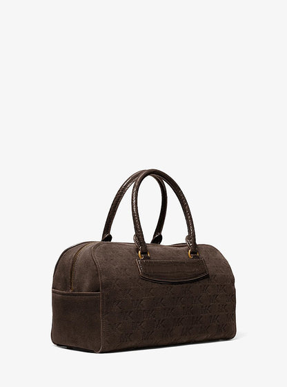 Michael Kors Jet Set Travel Medium Logo Embossed Suede Duffel Crossbody Bag CHOCOLATE