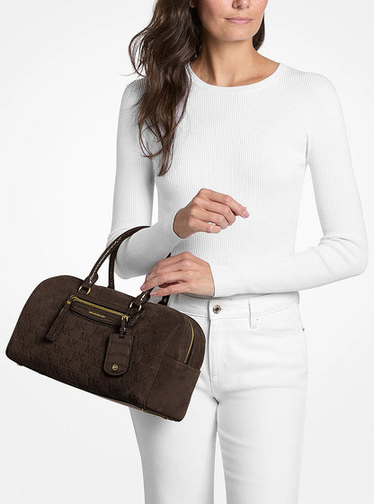 Michael Kors Jet Set Travel Medium Logo Embossed Suede Duffel Crossbody Bag CHOCOLATE