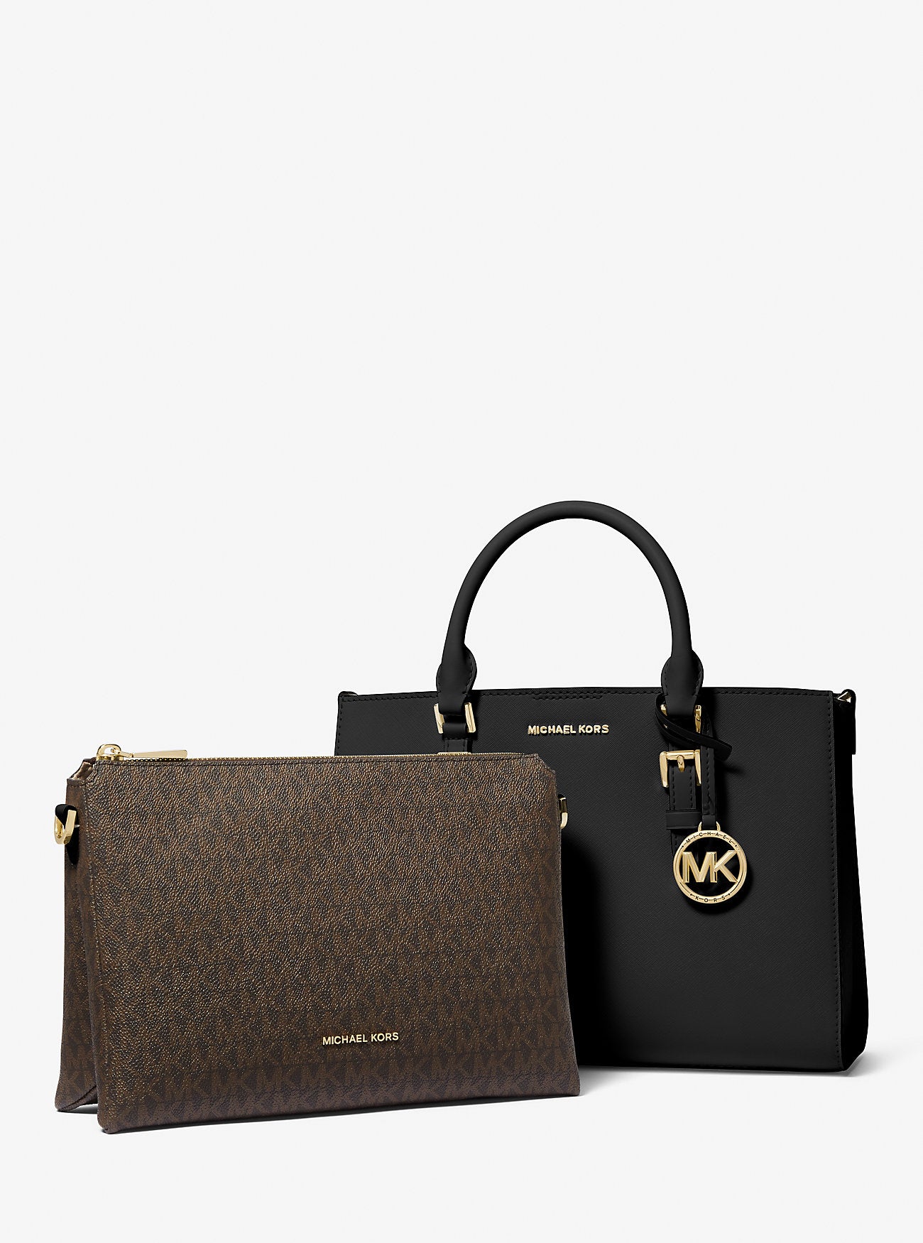 Sally Medium 2-in-1 Saffiano Leather and Logo Satchel Black Black