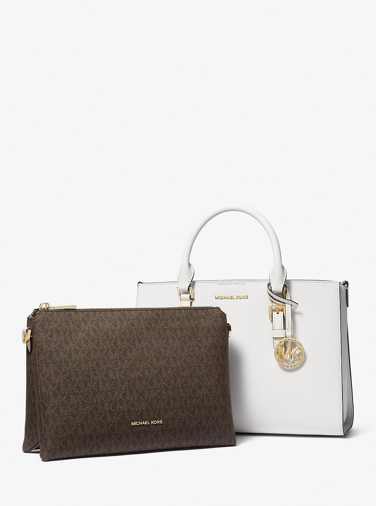 Sally Medium 2-in-1 Saffiano Leather and Logo Satchel Optic White Optic White