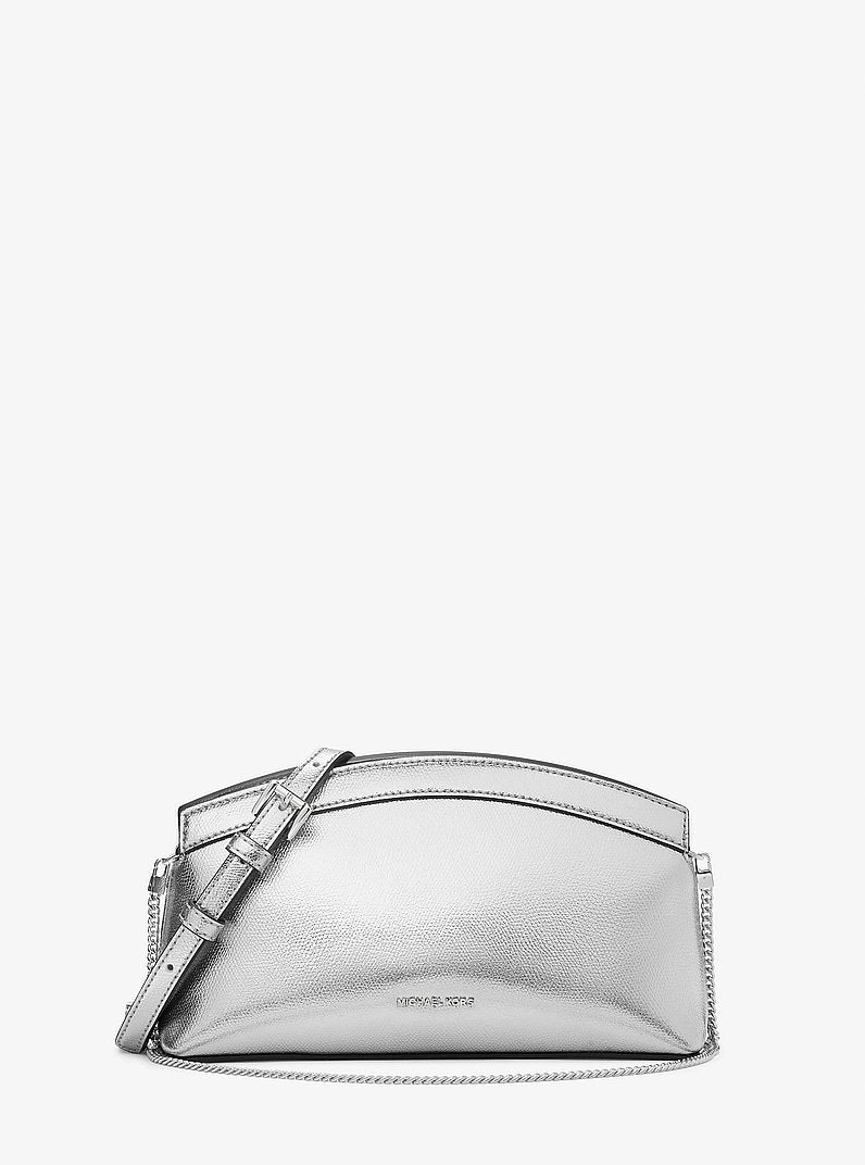 Michael Kors Athena Small Metallic Leather Convertible Clutch SILVER