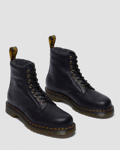 1460 Faux Fur Lined Grizzly Leather Lace Up Boots - Black - Mens