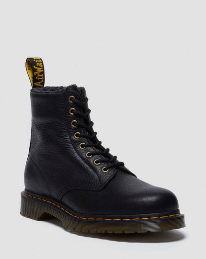 1460 Faux Fur Lined Grizzly Leather Lace Up Boots - Black - Mens