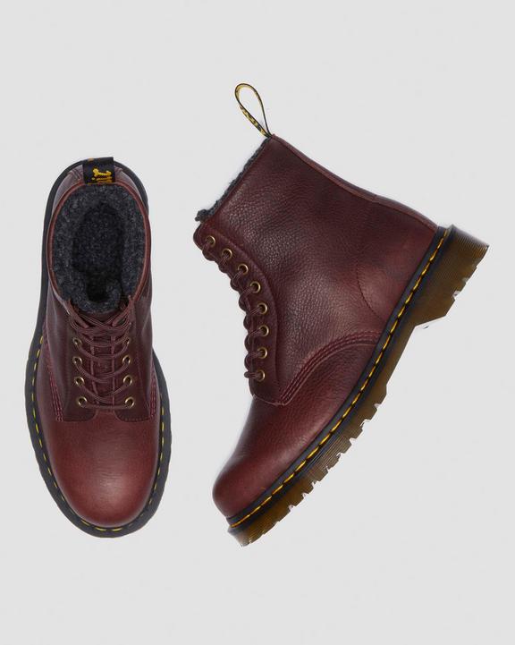 Dr. Martens 1460 Faux Fur Lined Grizzly Leather Lace Up Boots Cherry Red - Mens