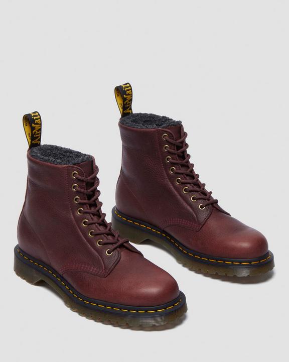 Dr. Martens 1460 Faux Fur Lined Grizzly Leather Lace Up Boots Cherry Red - Mens