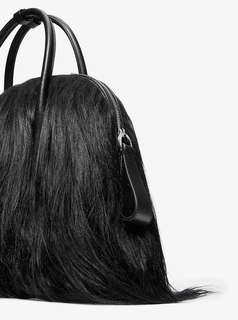 Kaitlin Large Long Haired Shearling Dome Satchel Black Black