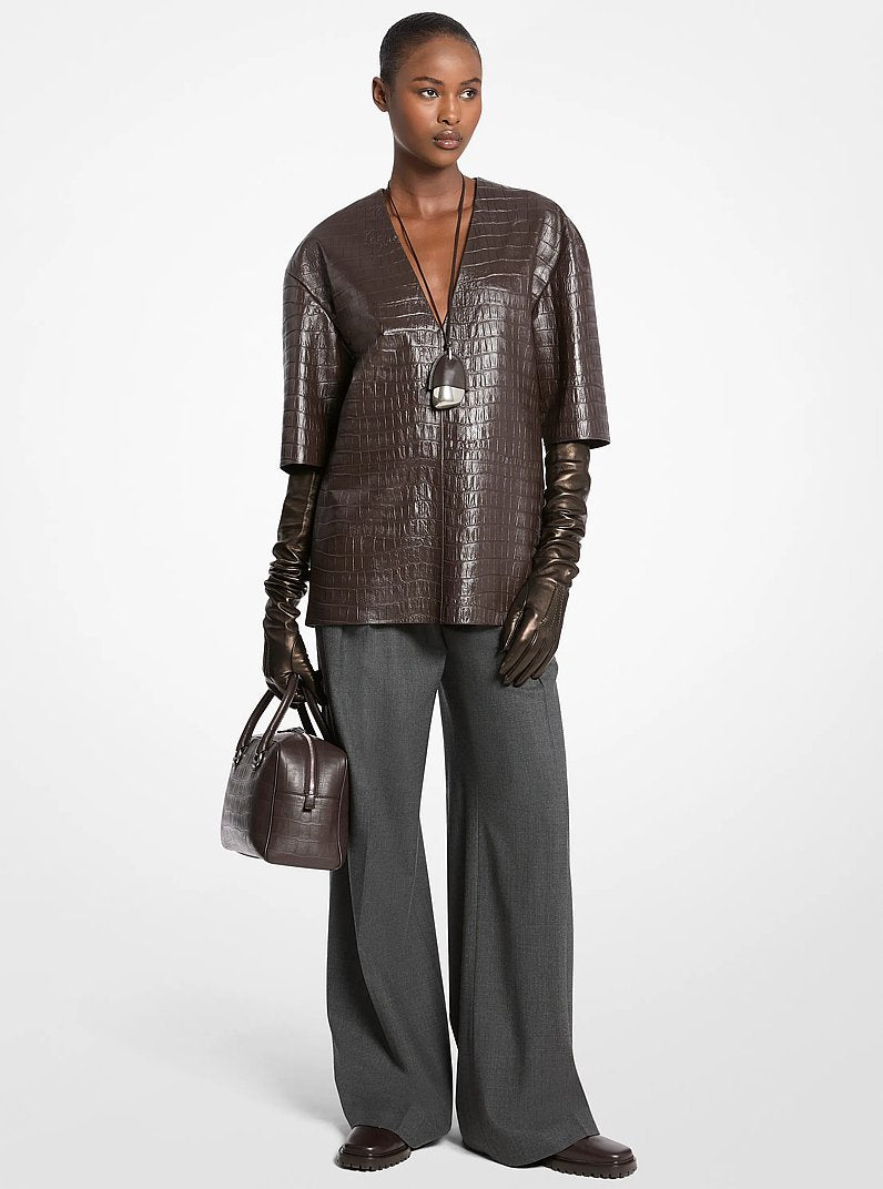 Kasia Medium Crocodile Embossed Leather Satchel Chocolate Chocolate