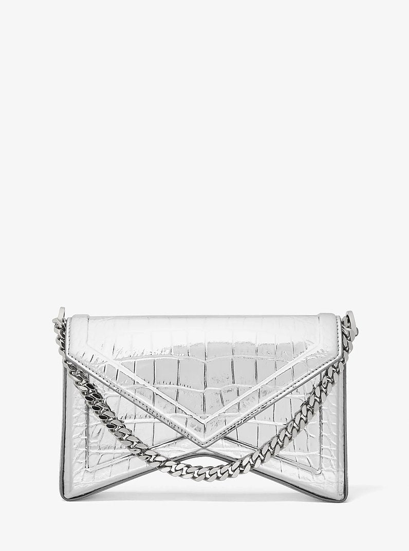 Manhatta Medium Metallic Crocodile Embossed Leather Bag Silver Silver