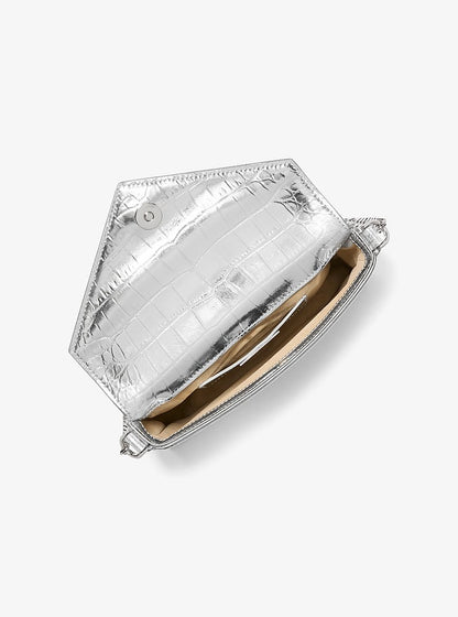 Manhatta Medium Metallic Crocodile Embossed Leather Bag Silver Silver