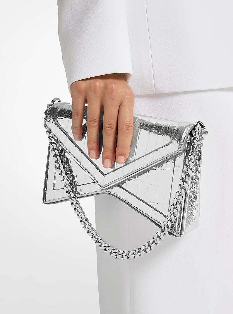 Manhatta Medium Metallic Crocodile Embossed Leather Bag Silver Silver