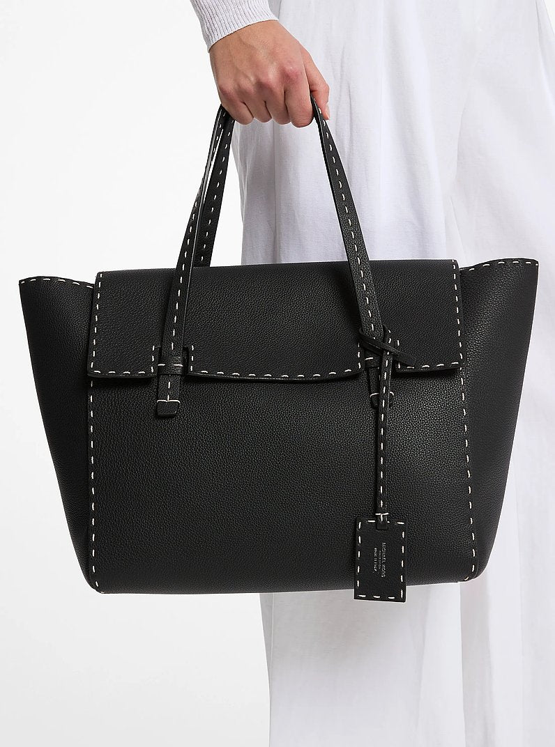 Sophia Hand-Stitched Pebbled Leather Satchel Black Black