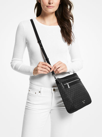 Jet Set Large Logo Print Woven Crossbody Bag Black Black